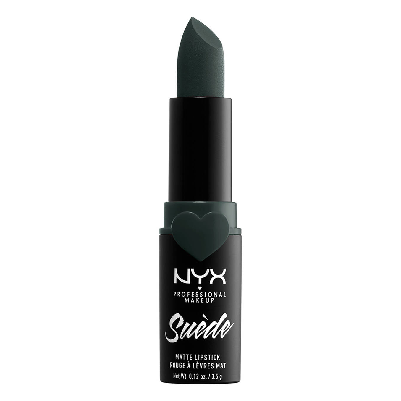 NYX Suede Matte Lipstick in shade Shake That Money. The tube features a cute heart detail on the packaging. The lipstick bullet is a rich, opaque olive-forest green with a soft, powdery matte texture