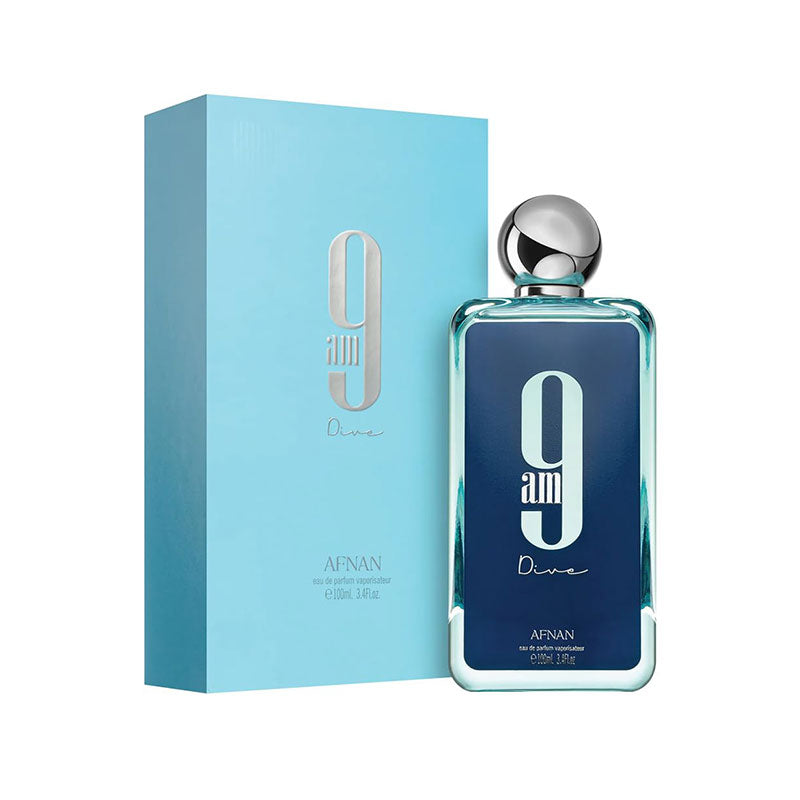 9 AM Dive Eau de Parfum bottle – fresh blue scent with citrus, herbal and aquatic notes