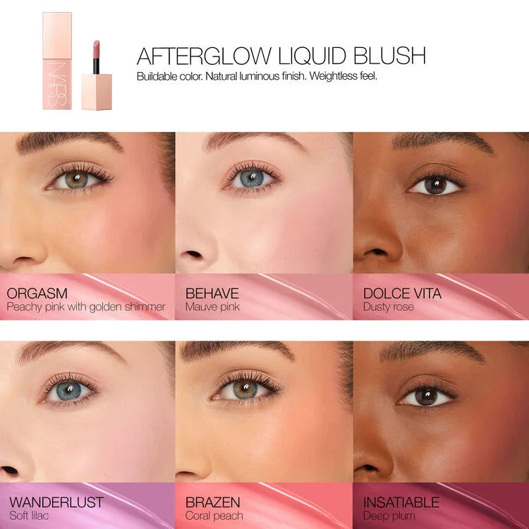 Afterglow Liquid Blush color swatches on faces