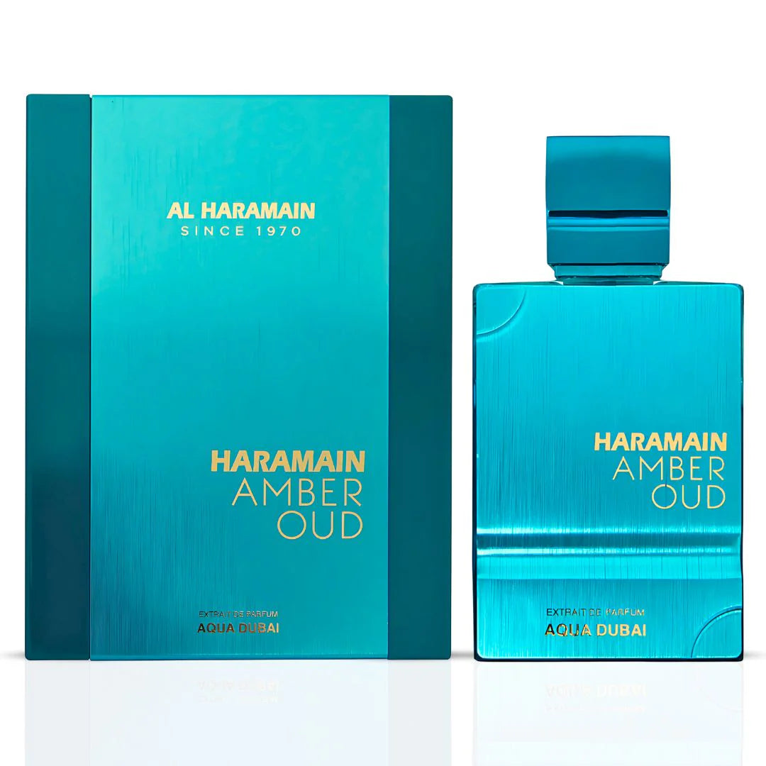 Al Haramain Amber Oud Aqua Dubai Extrait De Parfum 75ml elegant transparent bottle with aqua blue liquid and silver cap