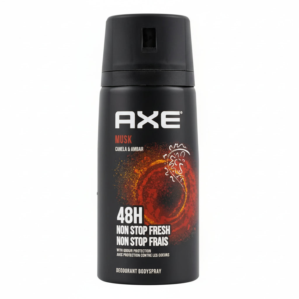 Axe deodorant spray can with black and orange design on a white background