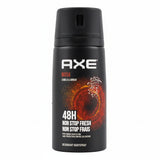 Axe deodorant spray can with black and orange design on a white background