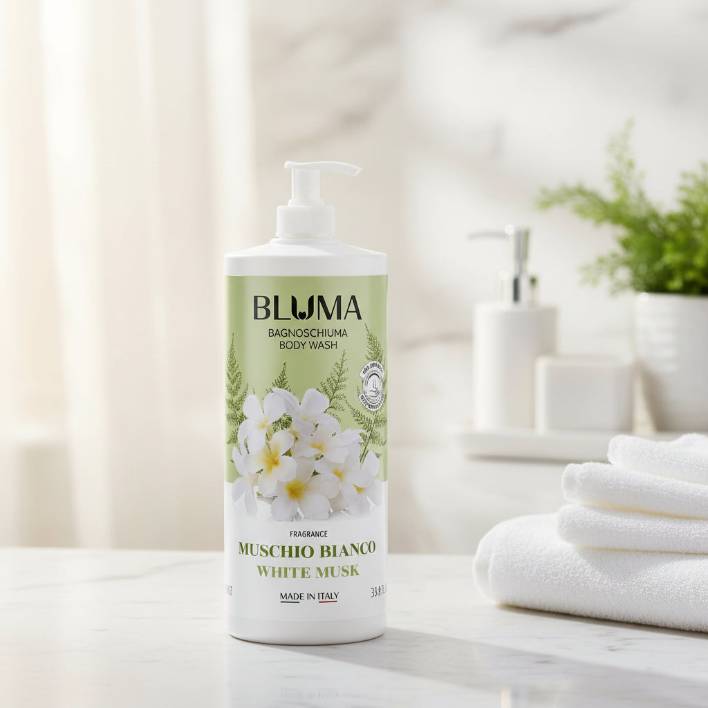 Bluma body wash bottle with floral design on a white background