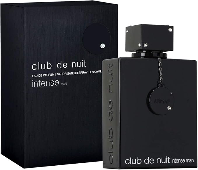 Club de Nuit Intense EDP bottle with sleek black design, silver chain emblem, and luxury fragrance branding
