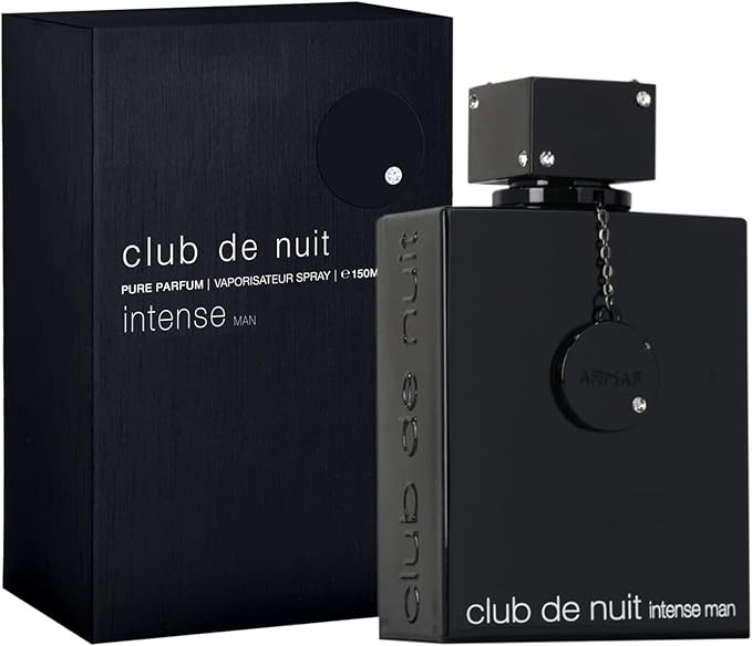 Club De Nuit Intense Pure Parfum bottle in sleek matte black with silver emblem, luxury men’s fragrance.