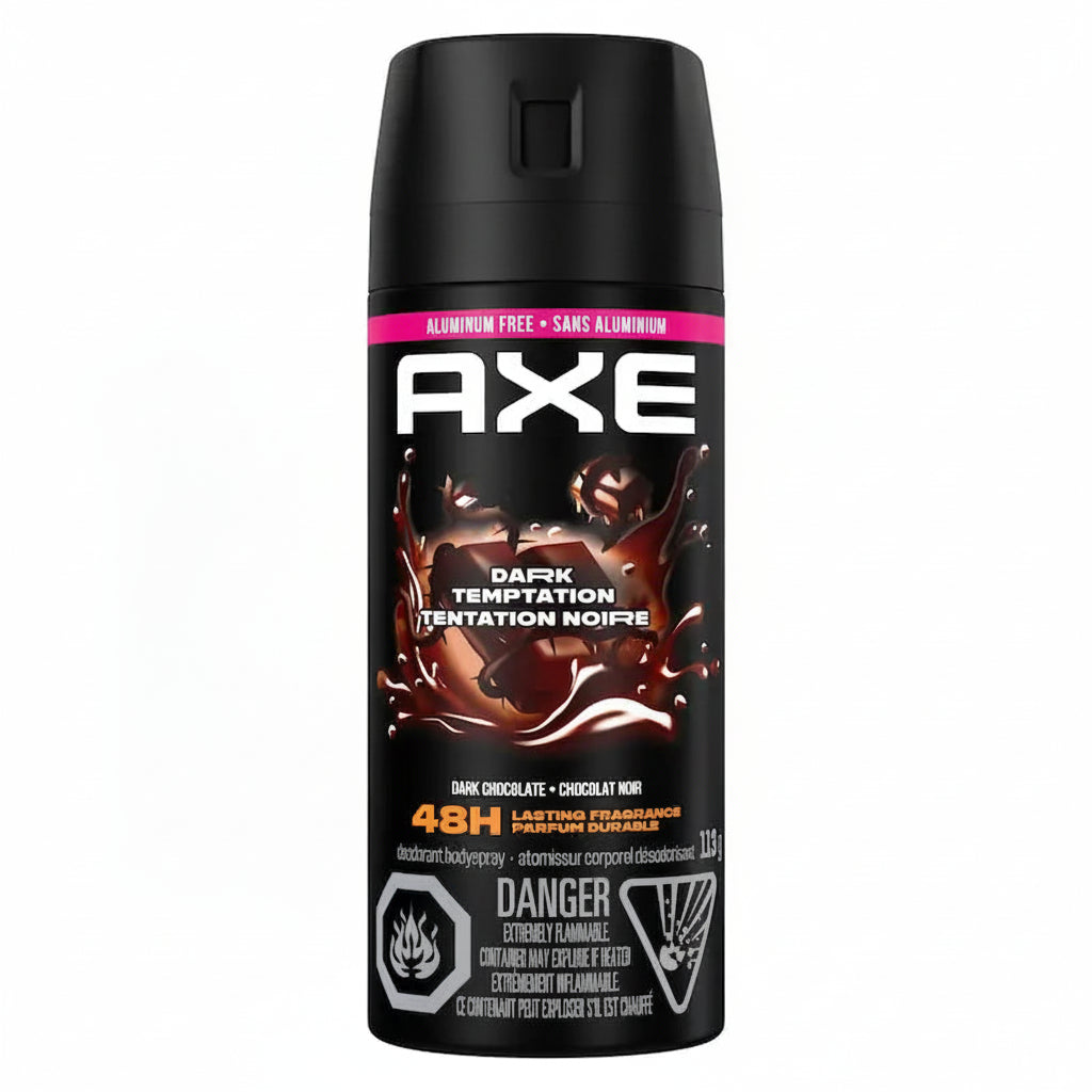 Axe deodorant spray bottle with dark chocolate design on a white background