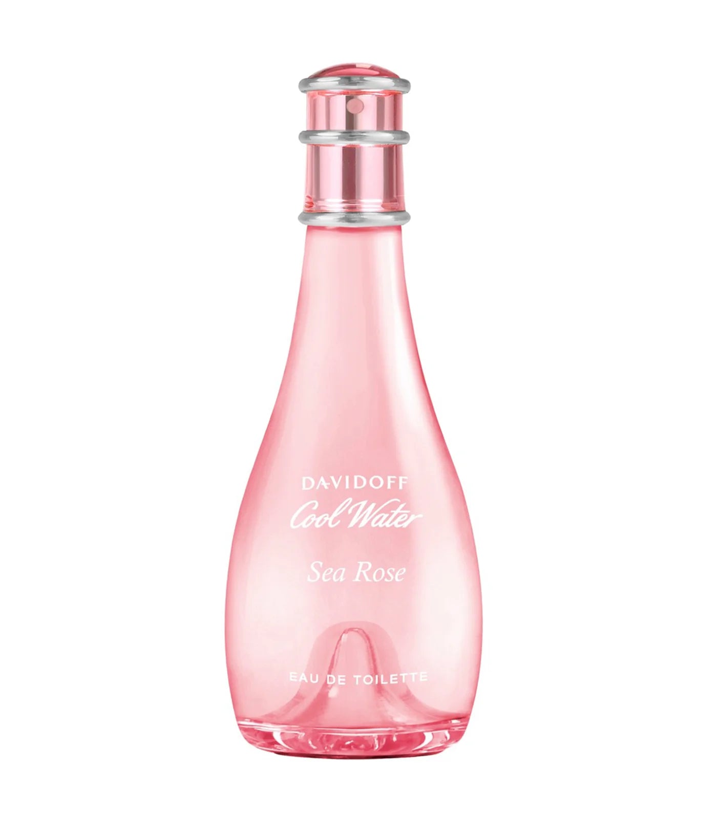 Pink perfume bottle labeled 'Davidoff Cool Water Sea Rose' on a white background