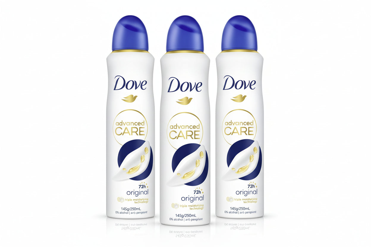Three bottles of Dove Advanced Care deodorant