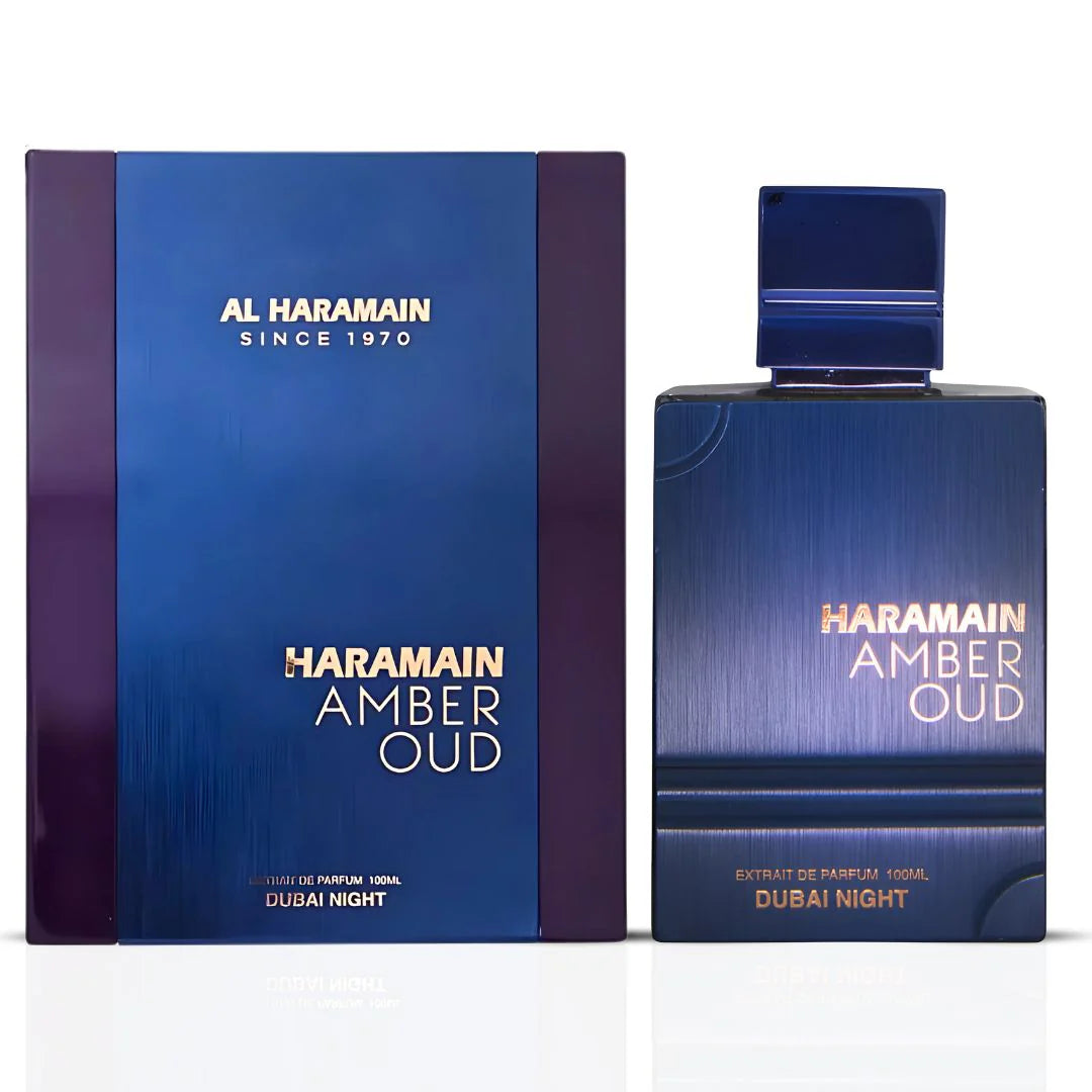 Al Haramain Amber Oud Dubai Night Extrait De Parfum 75ml sleek dark bottle with gold and black detailing