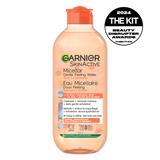 Garnier Skin Active Micellar Gentle Peeling Water bottle. A clear bottle with a yellow-tinted cap, formulated with 1% PHA and Papaya Enzyme for makeup removal and gentle daily exfoliation