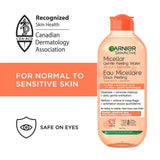 Garnier Skin Active Micellar Gentle Peeling Water bottle. A clear bottle with a yellow-tinted cap, formulated with 1% PHA and Papaya Enzyme for makeup removal and gentle daily exfoliation