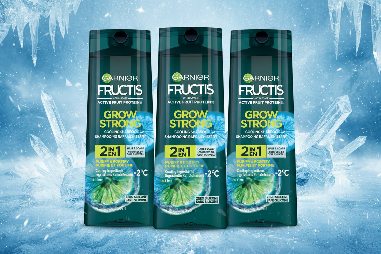 Garnier Fructis Grow Strong shampoo bottle on a white background