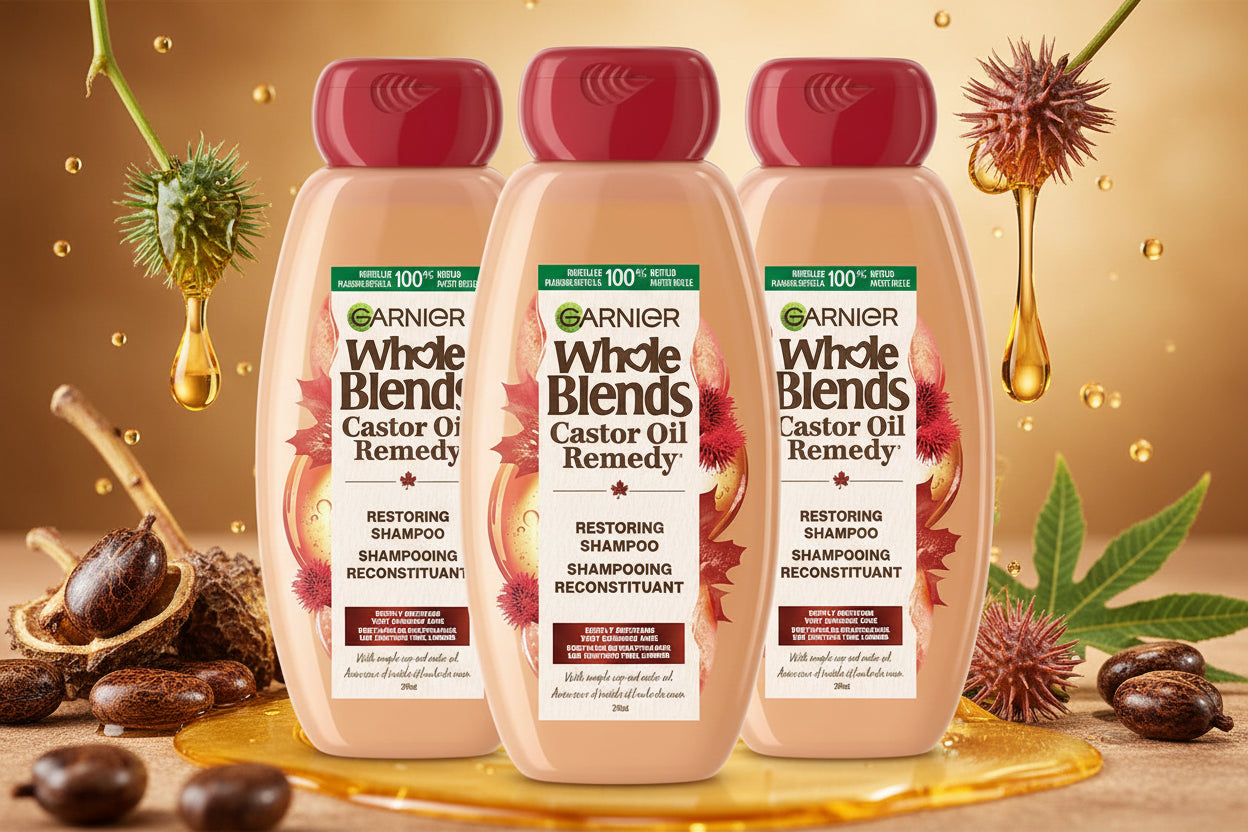 Garnier Whole Blends Castor Oil Remedy shampoo bottle on a white background