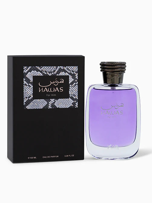 Rasasi Hawas Eau de Parfum 100 mL sleek gradient blue bottle with coiled snake-patterned cap