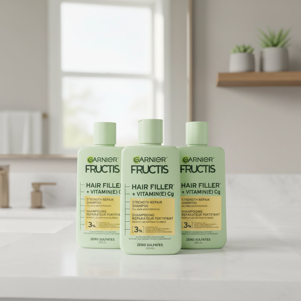 Garnier Fructis Hair Filler + Vitamin E shampoo bottle on a white background