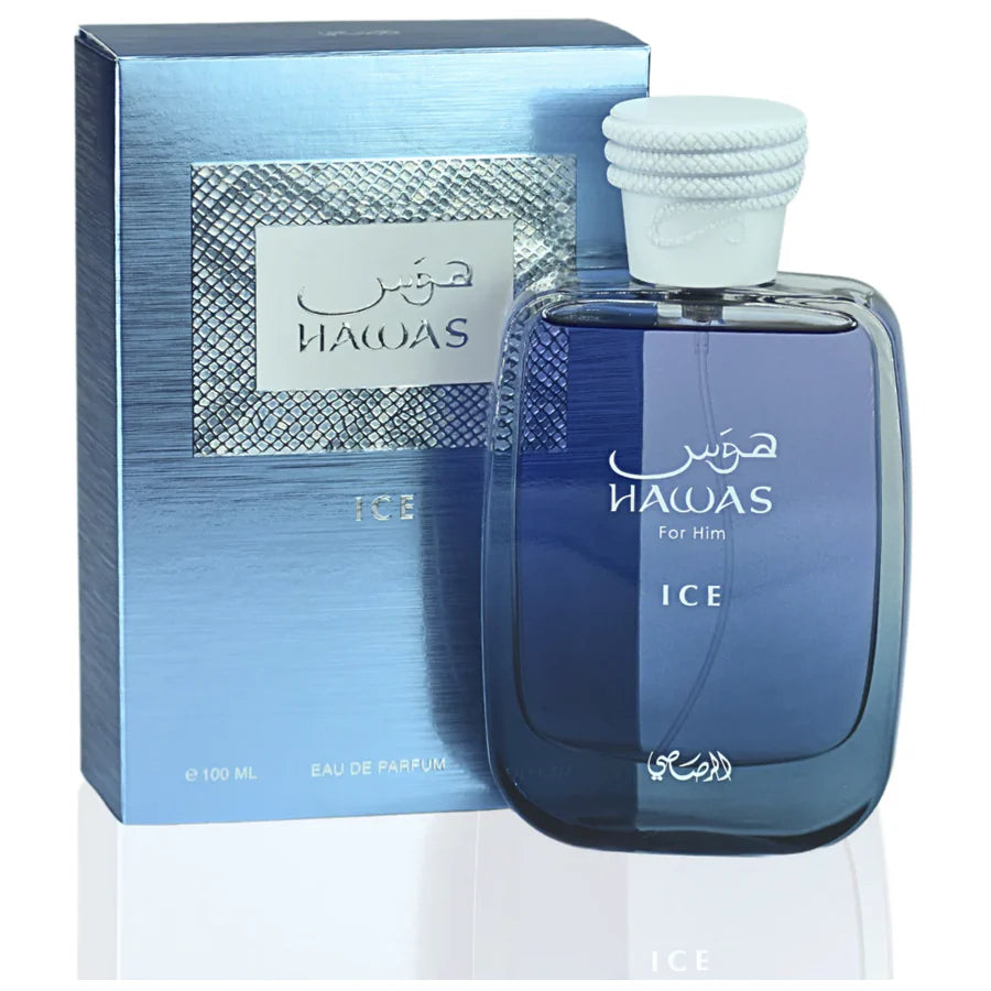 Rasasi Hawas Ice Eau de Parfum 100 mL gradient blue bottle with frosted silver cap and matching box.
