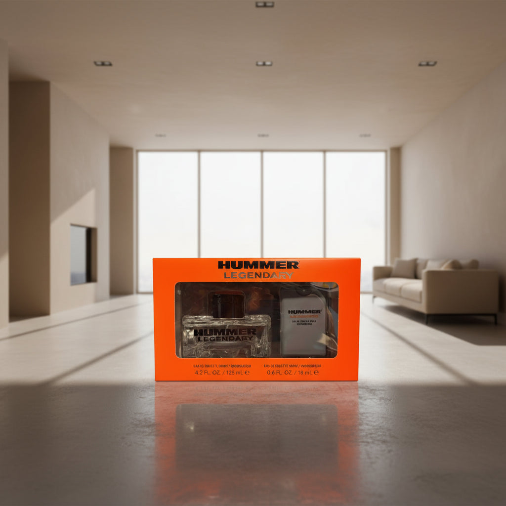 Hummer Legendary perfume set packaging with two bottles inside an orange box.