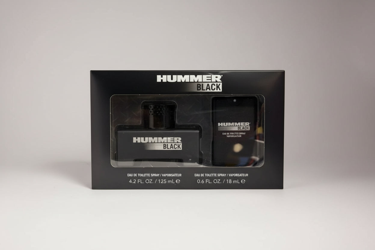 Hummer Black perfume set in packaging with spray bottle and container.