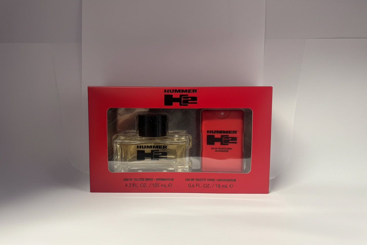 Hummer perfume set in a red box on a white background