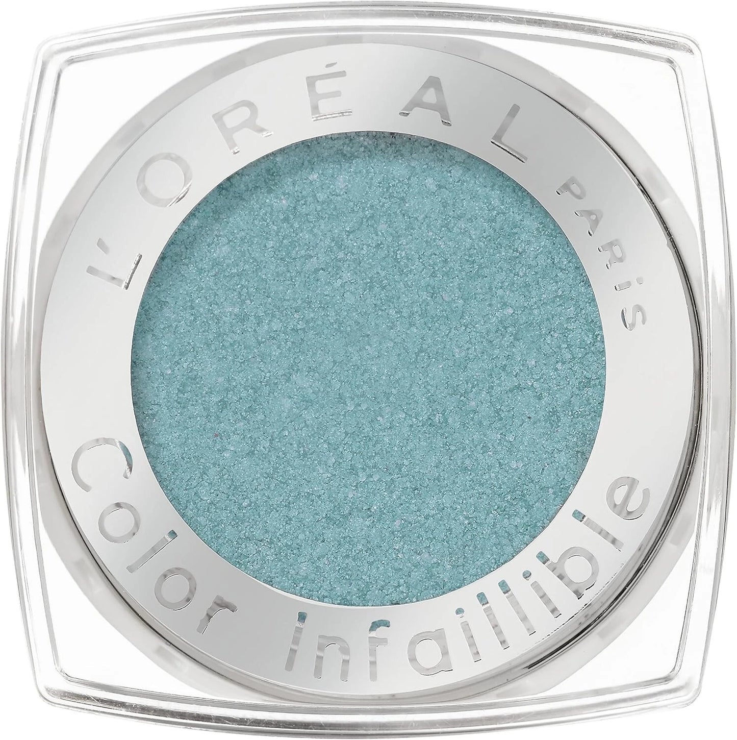 L’Oréal Paris Infallible 031 Innocent Turquoise eye makeup. The product shows a vibrant, high-pigment teal-blue liquid or powder with a metallic shimmer finish, designed for bold, long-wear eye looks