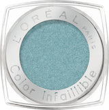 L’Oréal Paris Infallible 031 Innocent Turquoise eye makeup. The product shows a vibrant, high-pigment teal-blue liquid or powder with a metallic shimmer finish, designed for bold, long-wear eye looks