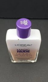 L'Oreal Paris Magic Nude Liquid Powder in Shade 326 True Beige. The 27ml glass bottle features a purple and silver cap, showing the liquid-to-powder foundation with a medium, neutral-toned beige shade perfect for natural skin perfecting