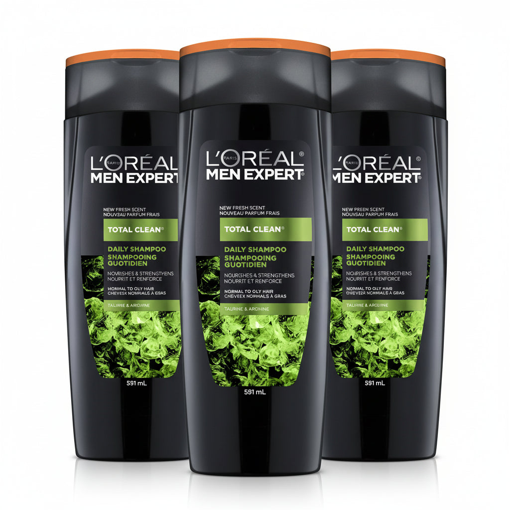 L'Oreal Men Expert Total Clean shampoo bottle on a white background
