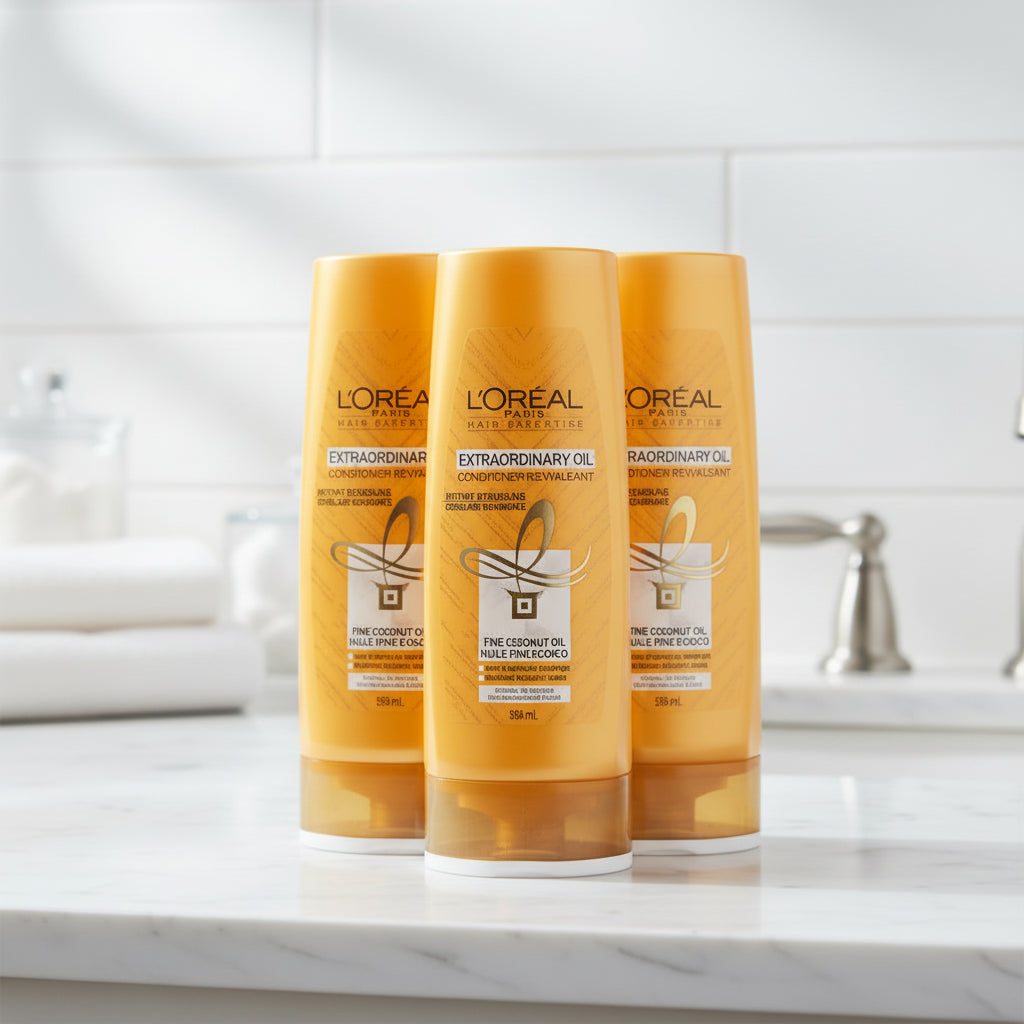 L'Oreal Paris Extraordinary Oil bottle on a gray background