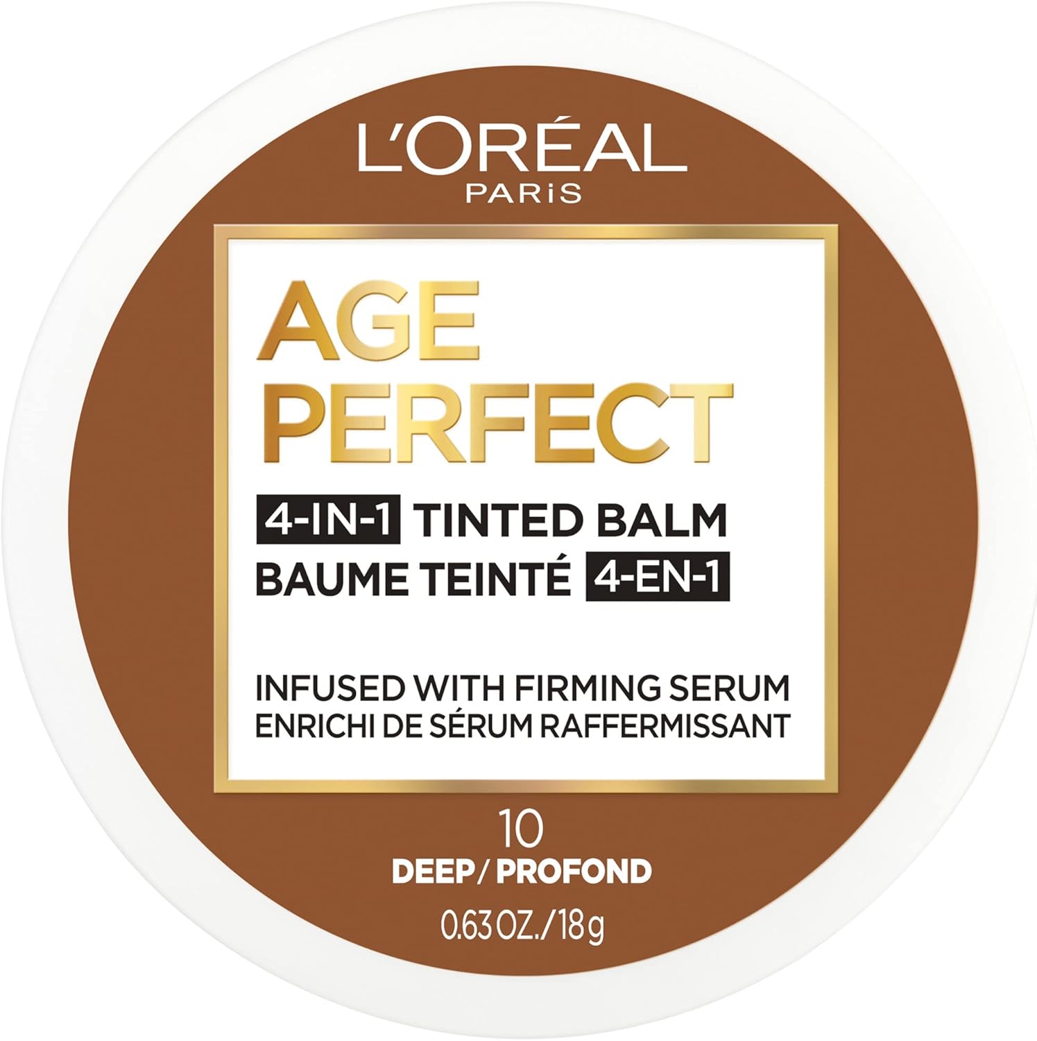 L’Oréal Paris Age Perfect 4-in-1 Tinted Balm in shade Deep 10. A 18g glass jar with a gold lid, showcasing a rich, deep chocolate-toned cream balm with neutral-to-warm undertones for deep skin tones.