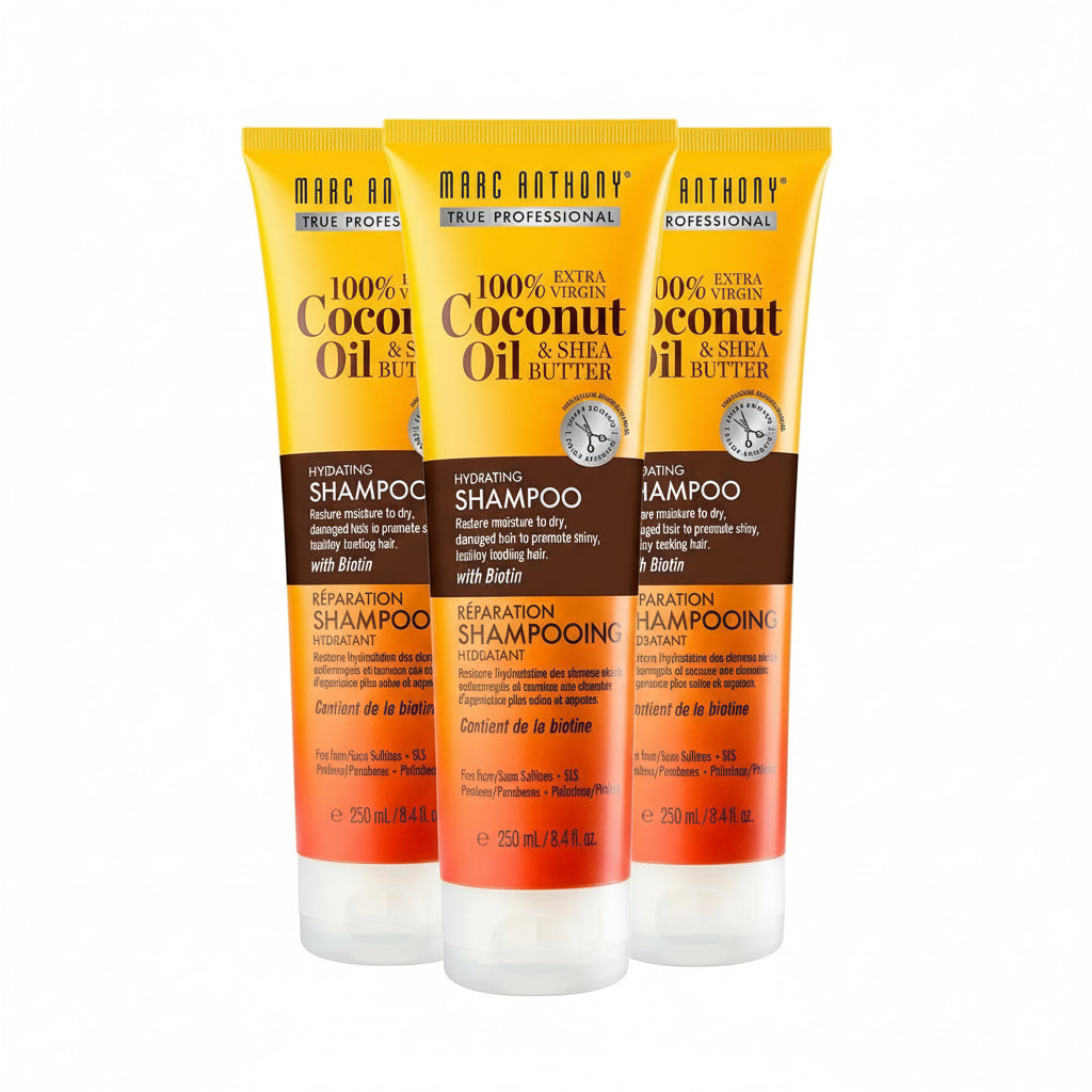 Two tubes of Marc Anthony Coconut & Shea Shampoo with a 'New Look!' label on a white background.