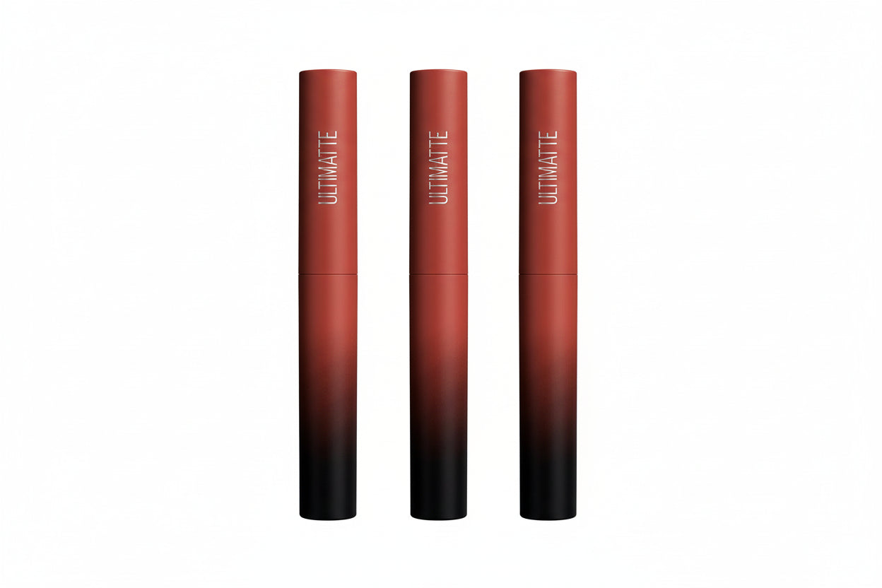 Lipstick with gradient color and 'ULTIMATte' branding on a white background