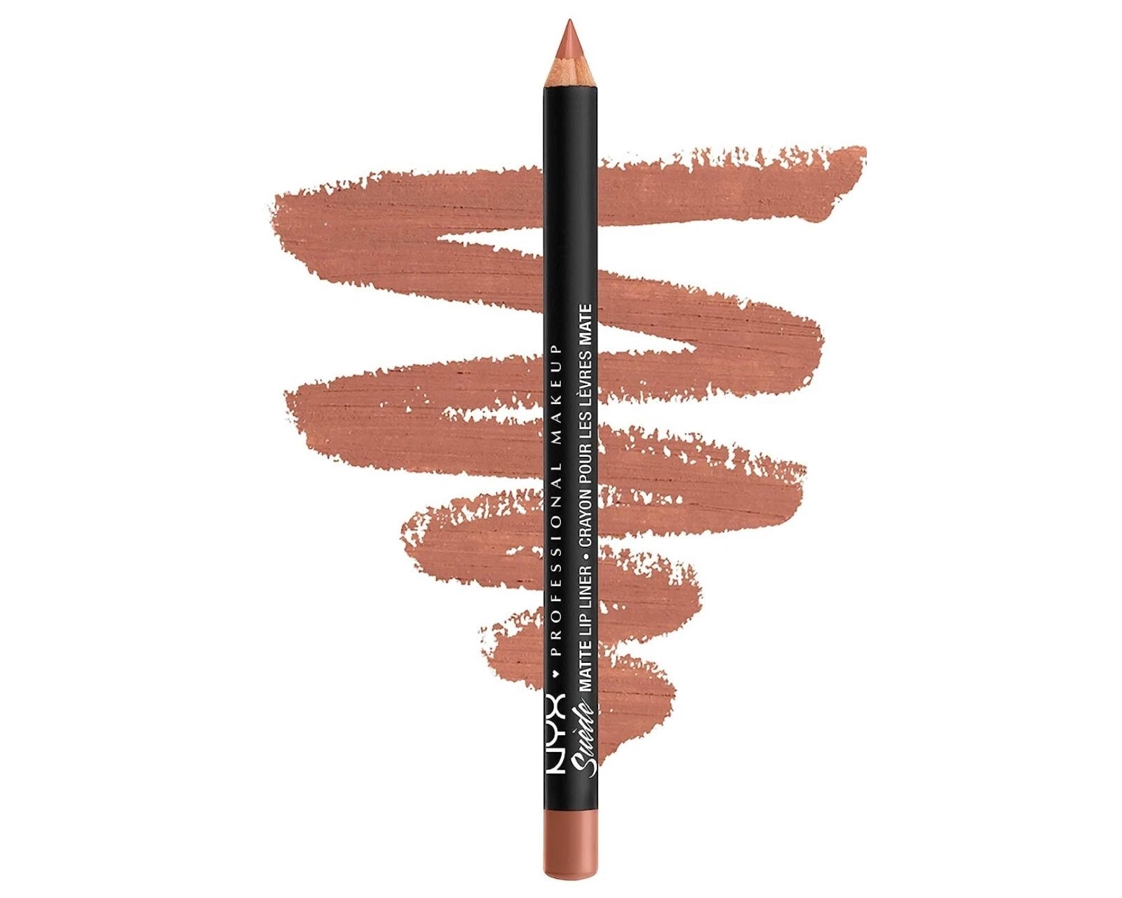 NYX Suede Matte Lip Liner pencil in the shade Stockholm. The pencil features a color-matched barrel and a sharpenable tip. The swatch shows a creamy, matte, warm-toned beige-nude color
