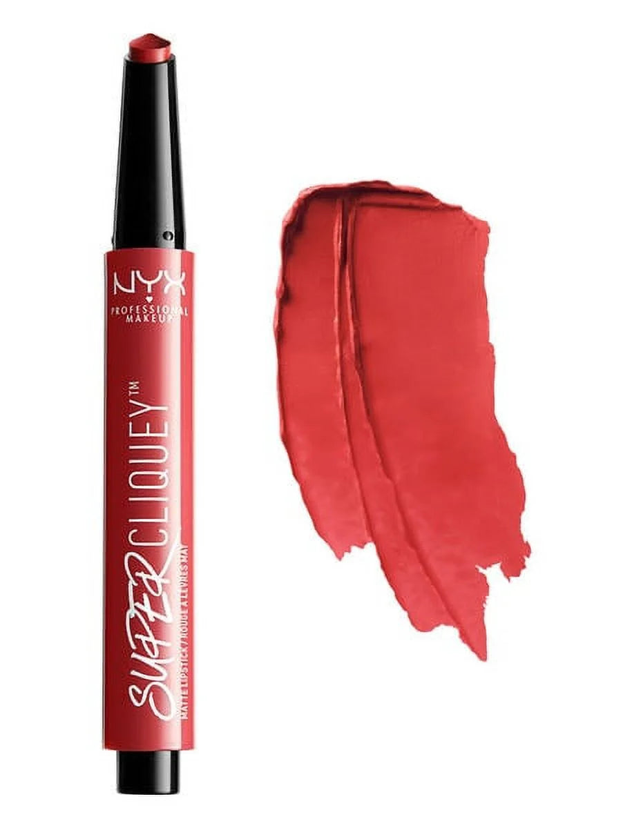 NYX Super Cliquey Glossy Lipstick shades Cold Brew, Oh So Pretty, On The DL, and Tiki Time swatches - 100% Authentic AG Cosmetics.