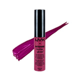 NYX Intense Butter Gloss in the shade Spice Cake. A clear tube showing a deep, opaque plum-purple liquid lip cream with a black cap and sponge-tip applicator.