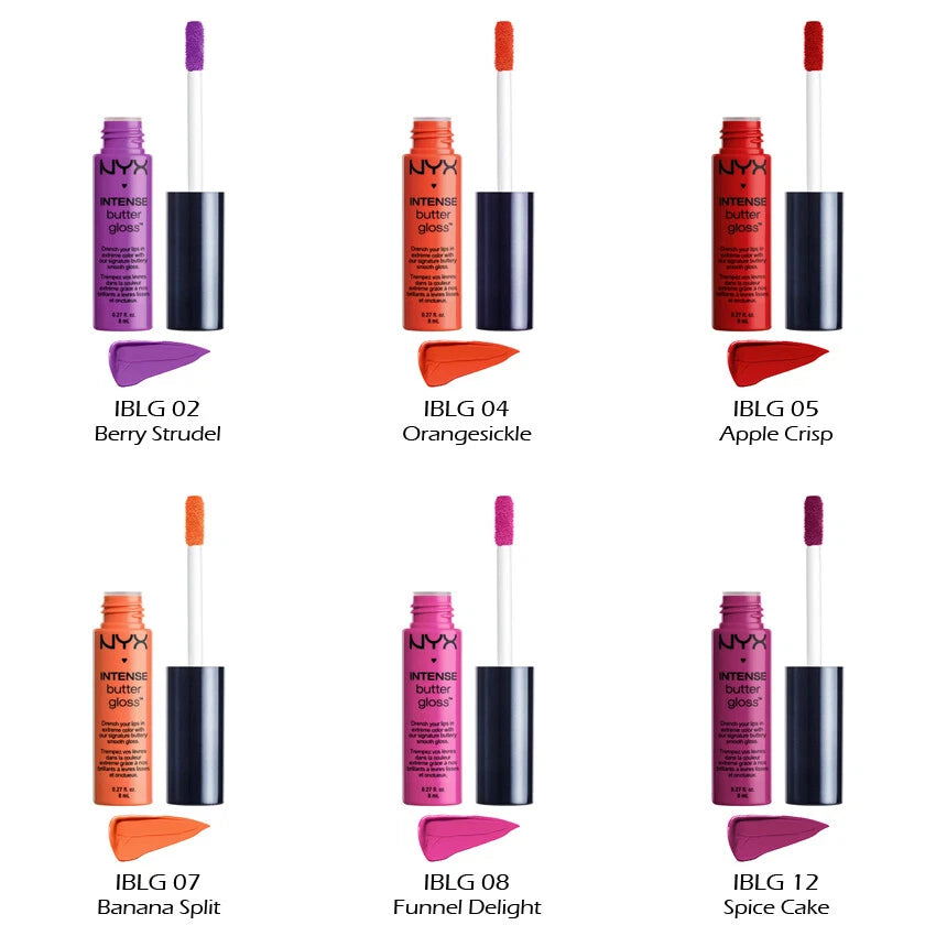 NYX Intense Butter Gloss tube with a sponge-tip applicator. The packaging matches the vibrant, high-pigment shade inside. A creamy, high-shine liquid lip color that provides full coverage and a silky finish