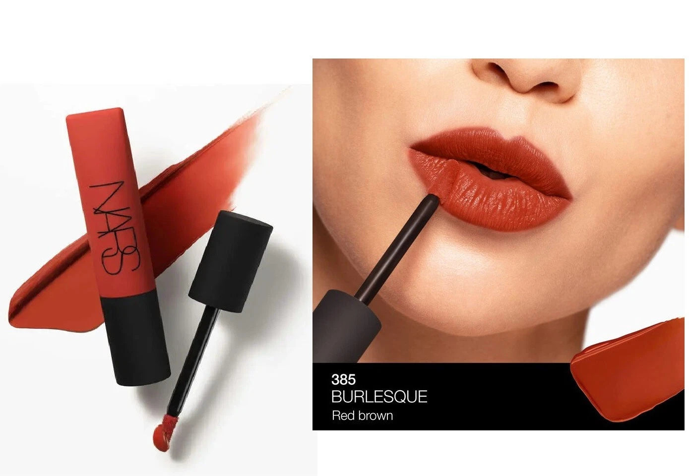 NARS Air Matte Lip Color in a sleek black tube, shown in the shade Dolce Vita, with whipped mousse texture swatched in a soft, blurred rose-mauve finish on lips.
