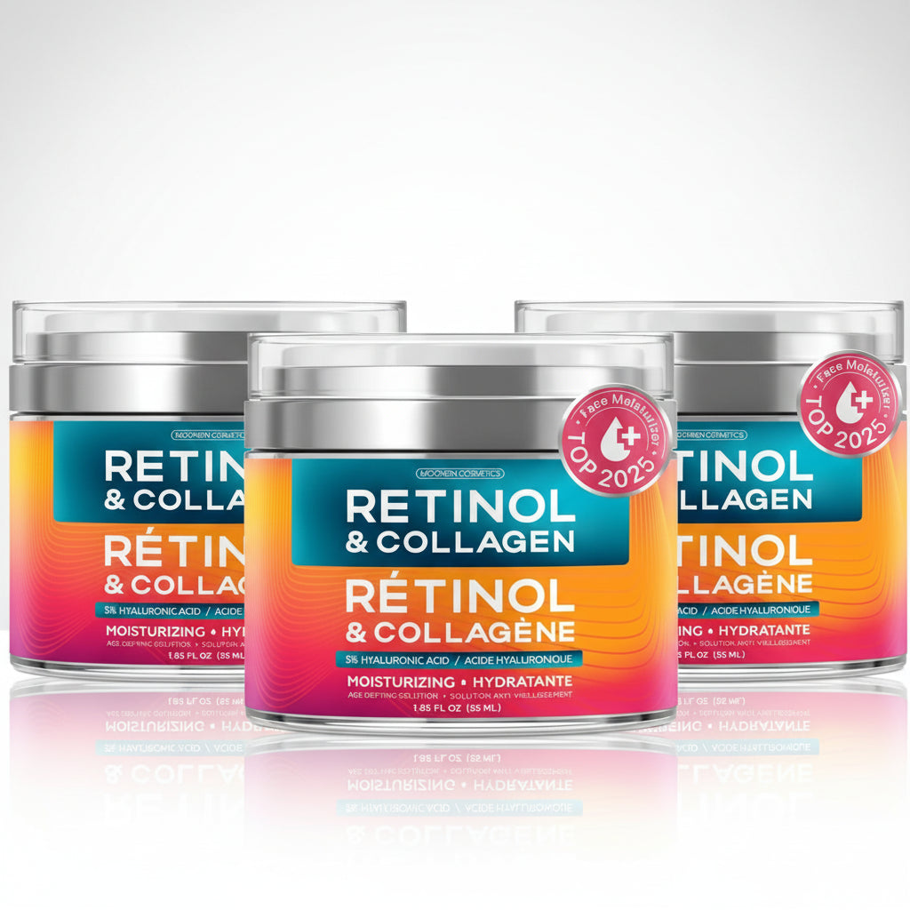 Cosmetic jar of Retinol & Collagen cream with colorful label and 'Top 2023' badge.