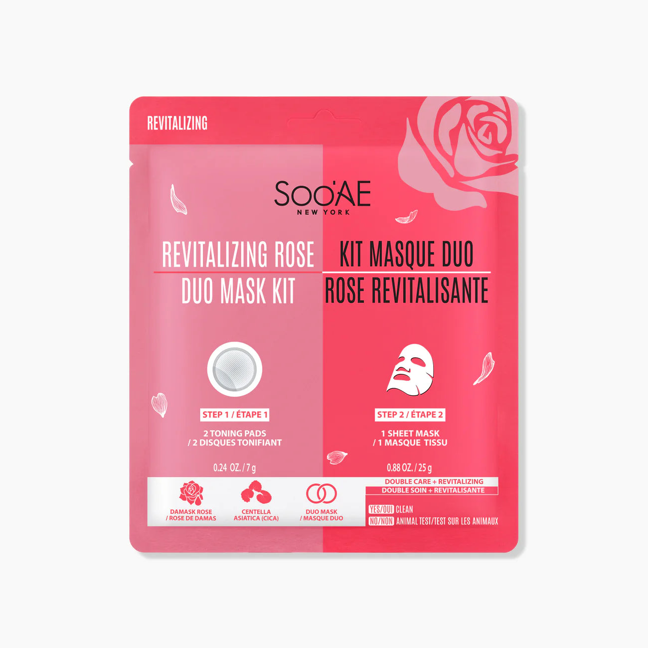 Soo’AE Revitalizing Rose Duo Mask Kit with gentle cleanser and hydrating rose sheet mask for a refreshed, radiant complexion