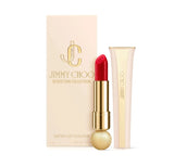 Luxury Jimmy Choo Seduction Collection Satin Lipstick in shade 001 Red Carpet. The lipstick is presented in a heavy gold-tone faceted case. The satin-finish red bullet features a signature python-print embossment and high-shine pigment.