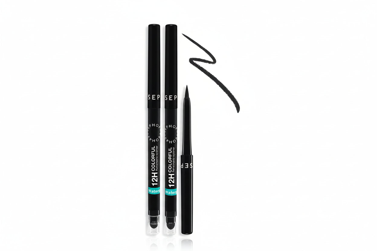 Black eyeliner pen with '12H Colorful' text on a white background