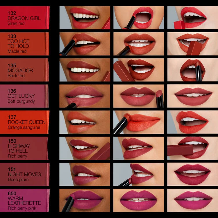 Lipstick color swatches on a grid with lip application examples.