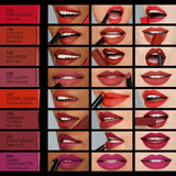 Lipstick color swatches on a grid with lip application examples.