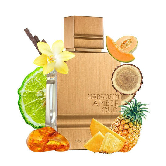 Gold-tinted Al Haramain Amber Oud Gold Edition Extrait de Parfum bottle with matching luxe outer box