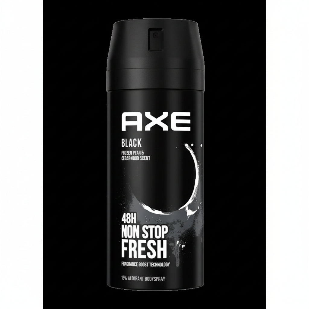 Axe Black deodorant spray can on a black background