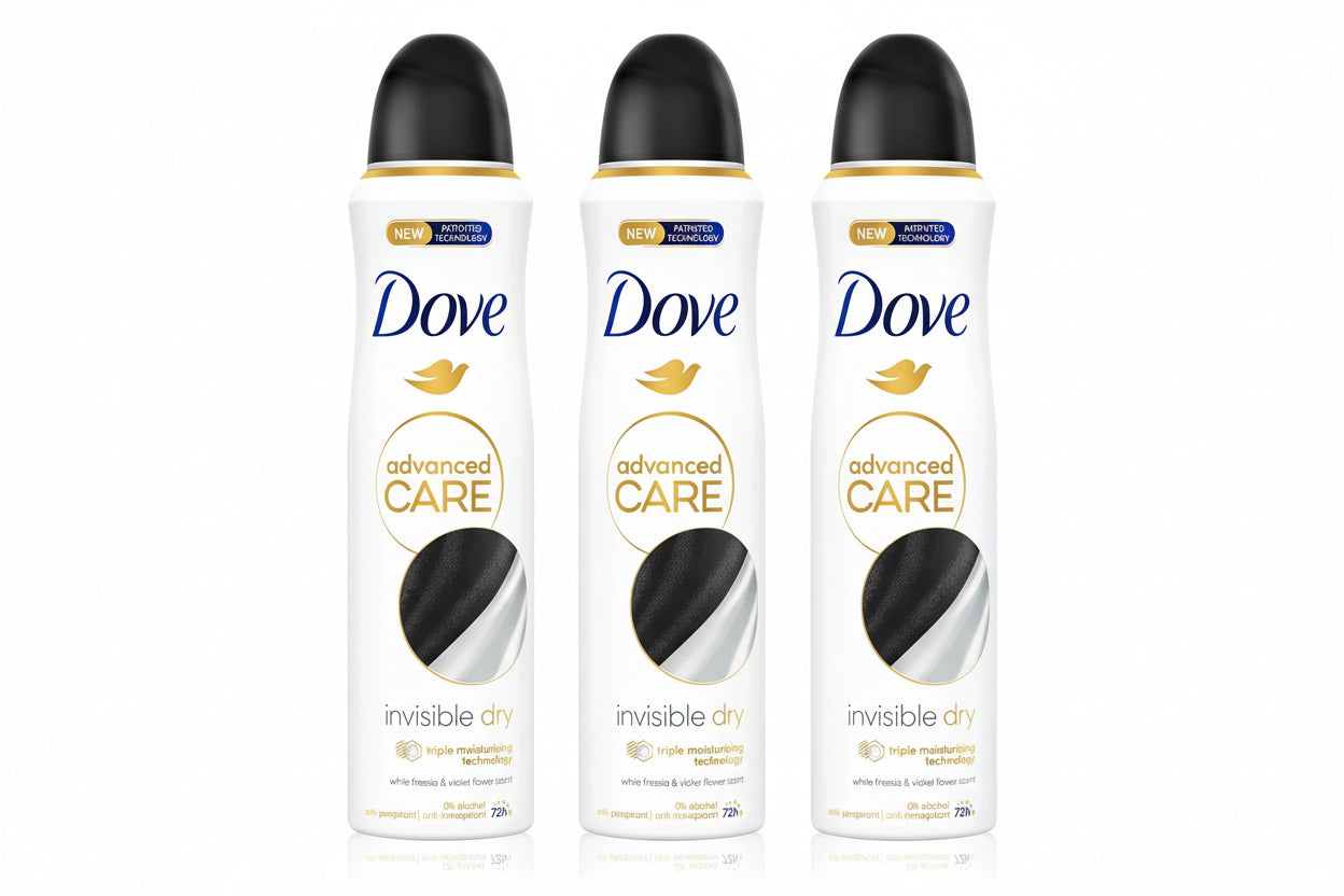Dove advanced care invisible dry deodorant spray on a white background