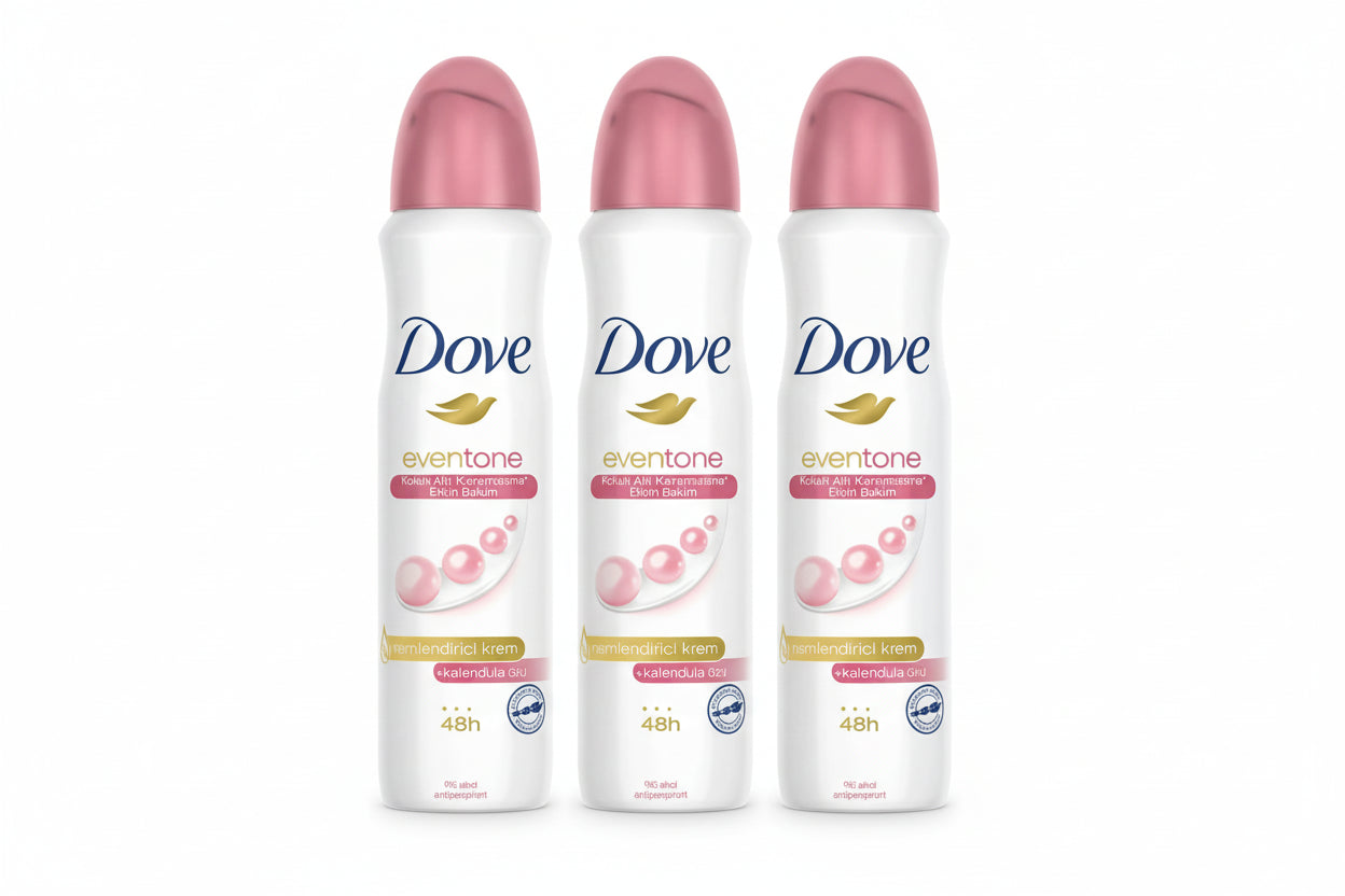 Dove even-tone deodorant spray bottle on a white background