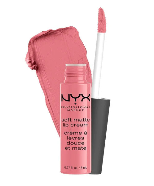 NYX Soft Matte Lip Cream in Cyprus (Light Rosy Pink) swatch and bottle.