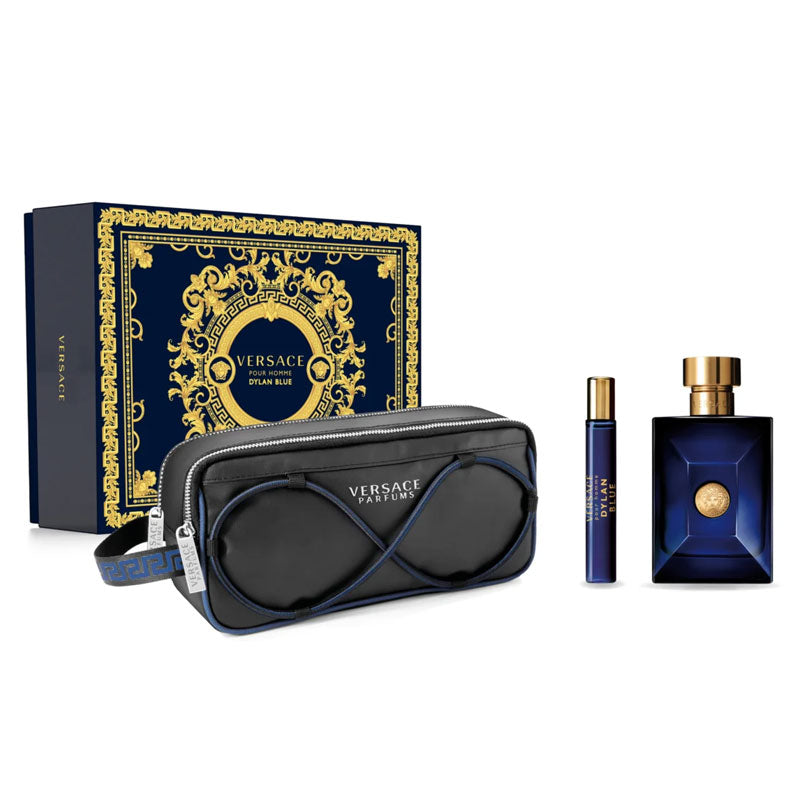 Discover the Versace Dylan Blue 3PCS Gift Set for men. Includes 100 ml Eau de Toilette, 10 ml Mini Spray, and a Versace Trousse Bag. Fresh, woody, and long-lasting fragrance for modern men.