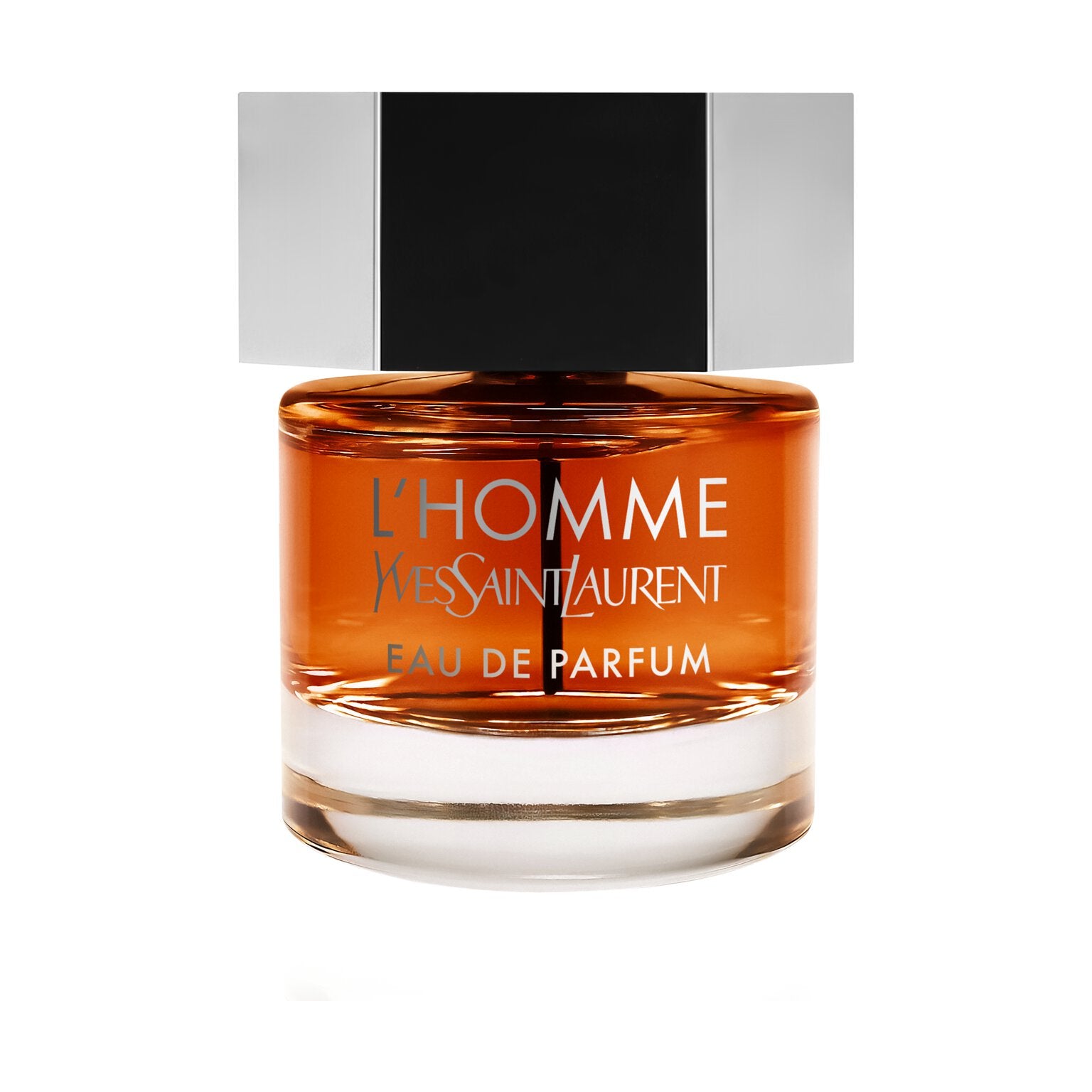 YSL L’Homme Eau de Parfum 60 mL bottle—amber liquid in a sleek faceted glass with metallic hexagonal cap