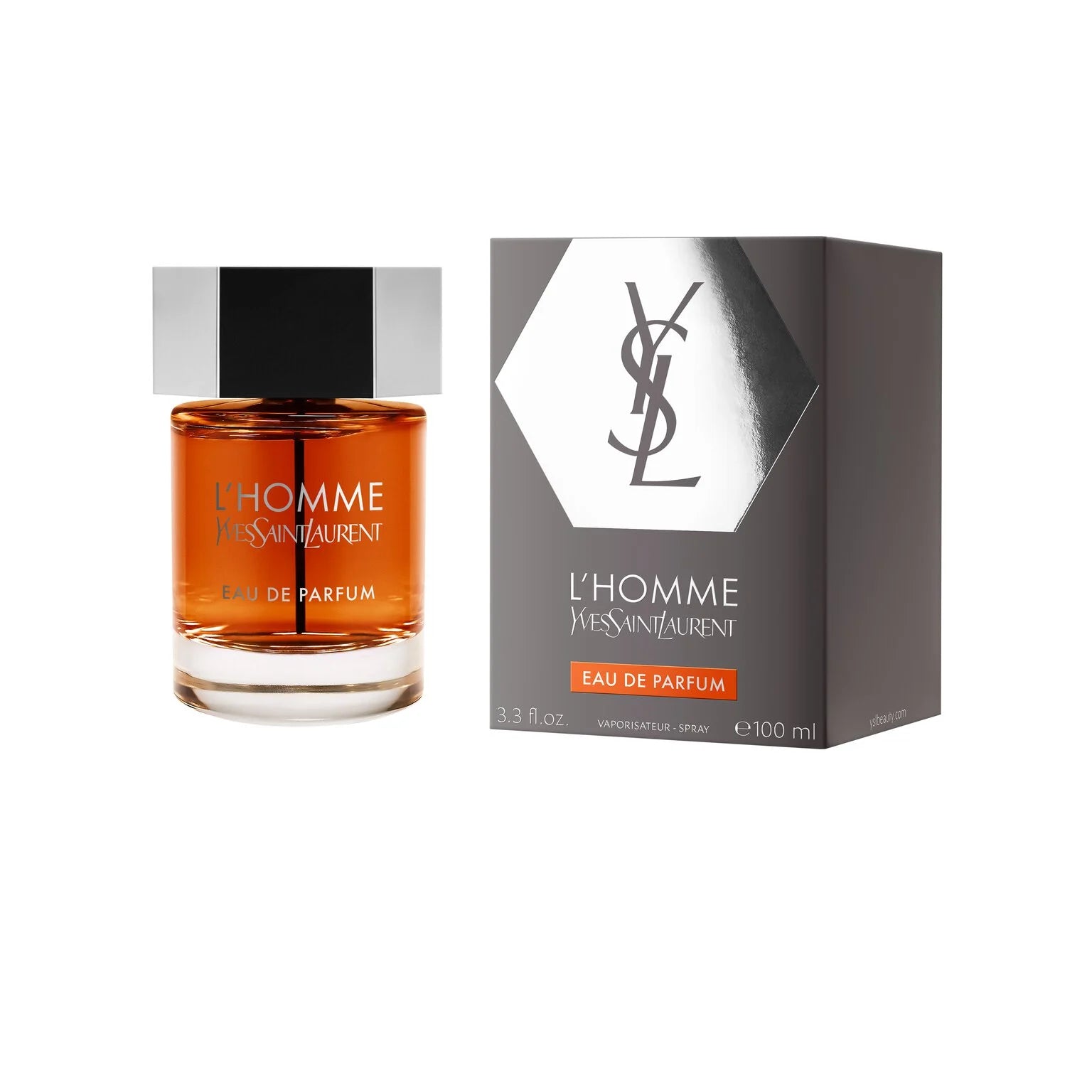 YSL L’Homme Eau de Parfum 100 mL bottle—amber liquid in a sleek faceted glass with metallic hexagonal cap